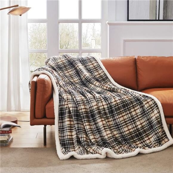 Sherpa Throw Blanket Fleece Flannel Plaid Cozy Soft Warm Twin Size Couch Blanket - Picture 2 of 7